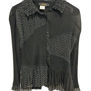 Bala Bala Womens Black Polka Dot Pleated Semi Sheer Button-Up Blouse Retro